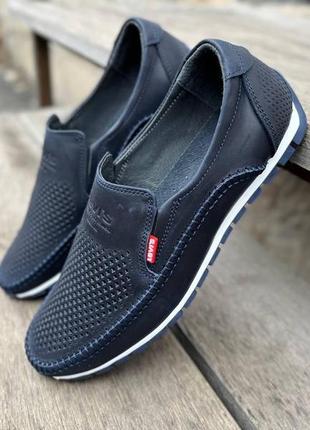 Літні чоловічі мокасини перфоровані шкіряні levis, сині туфлі левіс з натуральної шкіри перфорація літо *lev 4/1 син*6 фото
