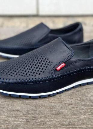 Літні чоловічі мокасини перфоровані шкіряні levis, сині туфлі левіс з натуральної шкіри перфорація літо *lev 4/1 син*3 фото