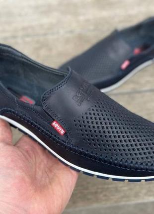 Літні чоловічі мокасини перфоровані шкіряні levis, сині туфлі левіс з натуральної шкіри перфорація літо *lev 4/1 син*5 фото
