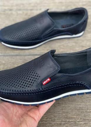 Літні чоловічі мокасини перфоровані шкіряні levis, сині туфлі левіс з натуральної шкіри перфорація літо *lev 4/1 син*2 фото