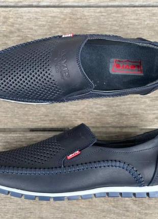 Літні чоловічі мокасини перфоровані шкіряні levis, сині туфлі левіс з натуральної шкіри перфорація літо *lev 4/1 син*7 фото