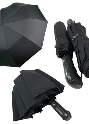 Мужской складной зонт полуавтомат черного цвета с ручкой прямой от thebest-flagman, есть антиветер, 0526-1