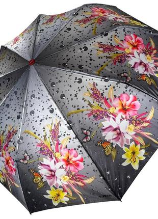 Жіноча складна парасоля напівавтомат з атласним куполом з принтом квітів від toprain, бордова ручка 0445-2