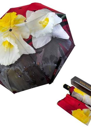 Жіноча парасолька-автомат у подарунковій упаковці з хустинкою від rain flower, червоний з нарцисами 01020-2