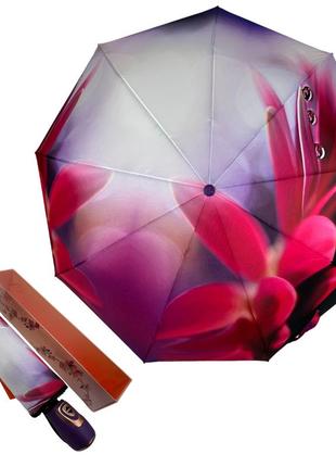Жіноча парасолька-автомат у подарунковій упаковці на 9 спиць з квітковим принтом від frei regen, фіолетова ручка, 09086-6