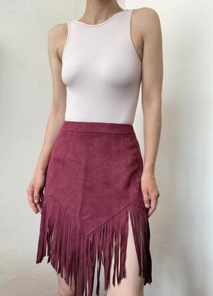 Бордовая юбка бахрома стильная юбка короткая юбка замшевая асимметричная юбка