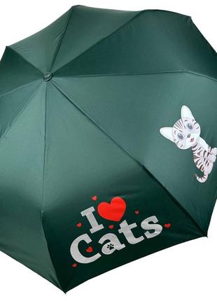 Детский складной зонт для девочек и мальчиков на 8 спиц "i♥cats" с котиком от toprain, зеленый, 02089-7