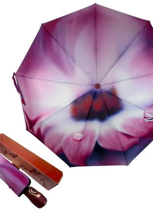 Жіноча парасолька-автомат у подарунковій упаковці на 9 спиць з квітковим принтом від frei regen, рожева ручка, 09086-3