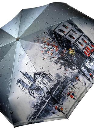 Женский автоматический зонт на 9 спиц от frei regen с принтом города, сатиновый купол, серая ручка, 09074-1