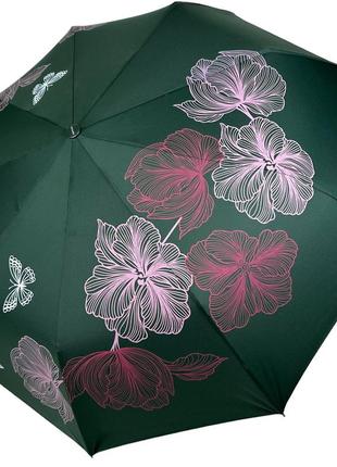 Женский складной зонт полуавтомат на 9 спиц от toprain с принтом цветов, зеленый, 0137-5