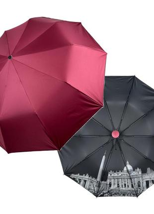 Женский зонт полуавтомат на 10 спиц антиветер с принтом городов внутри от bellissimo, бордовый, м 0628-7