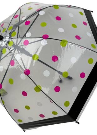 Детский прозрачный зонт-трость полуавтомат в цветной горошек от rain proof, с черной ручкой, 0259-5