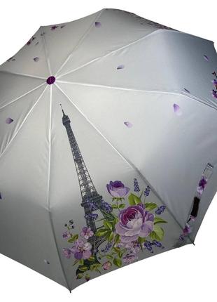 Жіноча парасоля напівавтомат від toprain з ейфелевою вежею і сакурою, фіолетова ручка, 0625-2