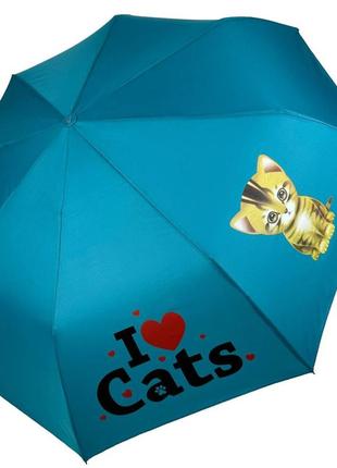 Детский складной зонт для девочек и мальчиков на 8 спиц "i♥cats" с кошками от фирмы toprain, бирюзовый 02089-2