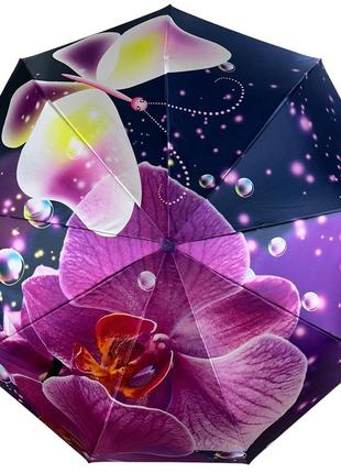 Жіноча парасолька напівавтомат на 9 спиць сатиновий купол з квітковим принтом від frei regen, фіолетова ручка, 09081-3