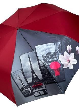 Женский зонт полуавтомат от toprain на 9 спиц антиветер с декоративной вставкой, бордовый, 0465-6