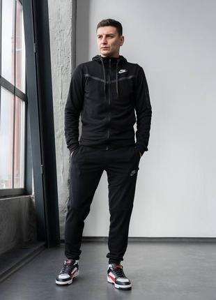 Спортивний костюм чоловічий з капюшоном в стилі nike tech fleece найк теч фліс чорний бавовняний кофта штани