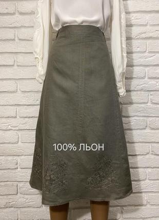Льняная натуральная юбка  c.a.n.d.a с вышивкой цвета хаки расширенная 100% лен