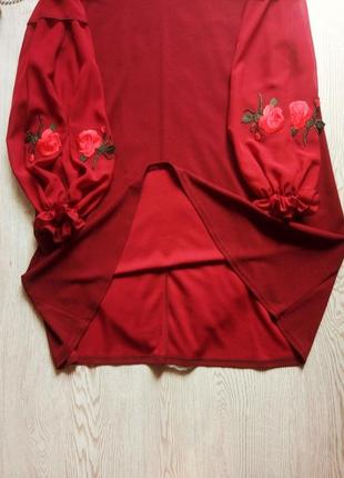 Бордовое короткое миди платье с рукавами шифон вышивка розами батал большой размер6 фото