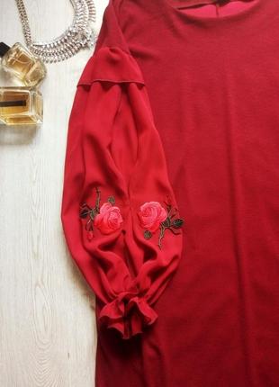 Бордовое короткое миди платье с рукавами шифон вышивка розами батал большой размер4 фото