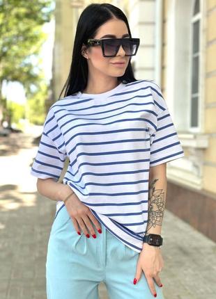 Удлиненная женская летняя футболка в полоску хлопок2 фото