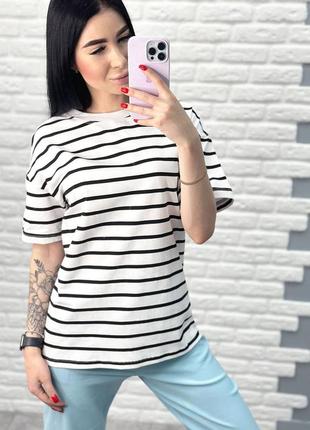 Удлиненная женская летняя футболка в полоску хлопок5 фото