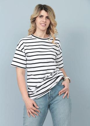 Удлиненная женская летняя футболка в полоску хлопок7 фото