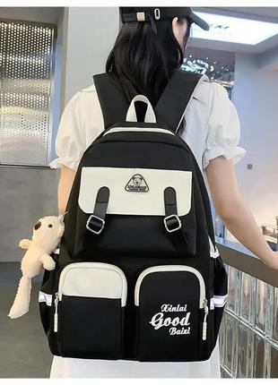 Стильный набор 5в1 jingpin для подростка. рюкзак, сумка, мини сумка, пенал, мешочек. черный.4 фото