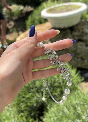 Брендовая подвеска, посеребрение, жемчужины, камни