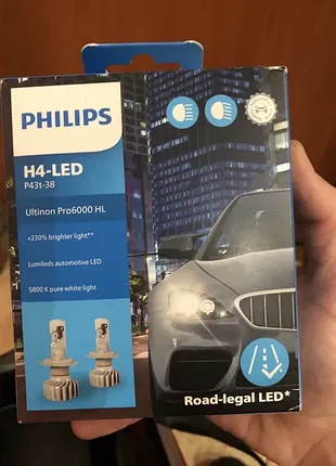 Автолампи led philips h4 ultinon pro6000hl p43t-38 +230%