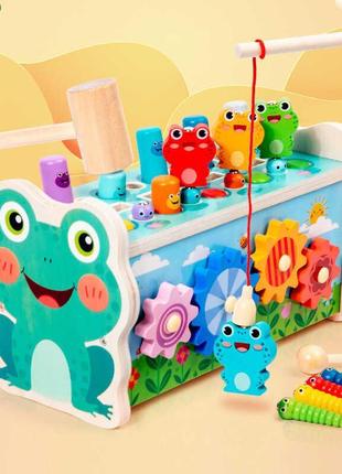 Дерев'яна розвиваюча іграшка стукавка "жабеня" з магнітною рибалкою (c61693)