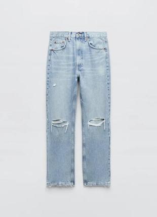 Прямі блакитні джинси із заводськими розрізами від zara, щільні