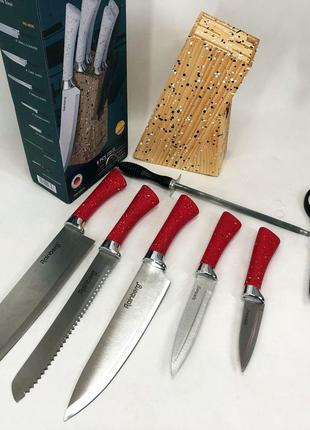 Набір ножів rainberg rb-8806 на 8 предметів з ножицями та підставкою з нержавіючої сталі. колір: червоний
