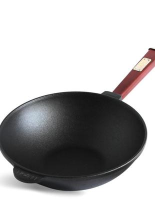 Сковорода чавунна wok 2,8 л з дерев`яною ручкою бордо