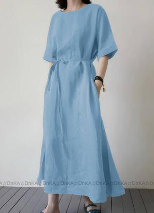 Стильна жіноча лляна сукня міді на поясі з кишенями