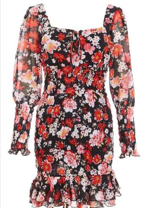 Quiz пліссе плаття з квітковим принтом вирізом і кльош на ризинці зпущені плечі1 фото