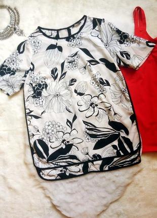 Белая асимметричная блуза туника футболка шифон с черным цветным цветочным принтом рисун1 фото