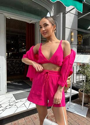 Костюм тройка топ  муслин  рубашка сорочка шорты