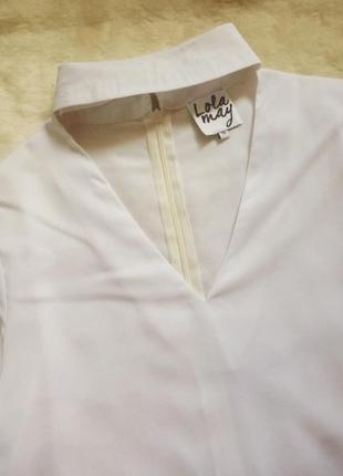 Белая длинная блуза рубашка с чокером глубоким вырезом декольте рукав шифон стрейч батал5 фото