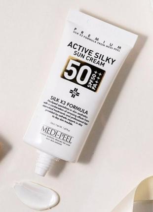 Сонцезахисний крем з комплексом пептидів і шовку medi-peel active silky sun cream spf50+pa+