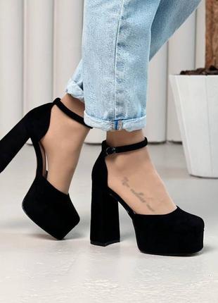 Красивые женские туфли черные на высоком каблуке квадратный блочный каблук из туфельки с ремешком замшевые туфлы на каблуке с решком