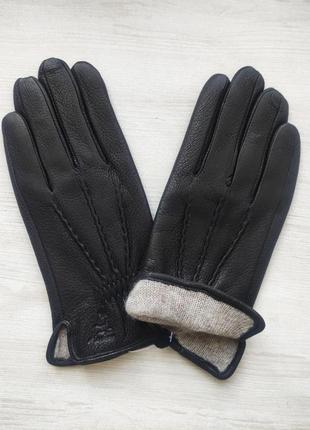 Шкіряні чоловічі рукавички з оленячої шкіри, підкладка вовняна в'язка, black