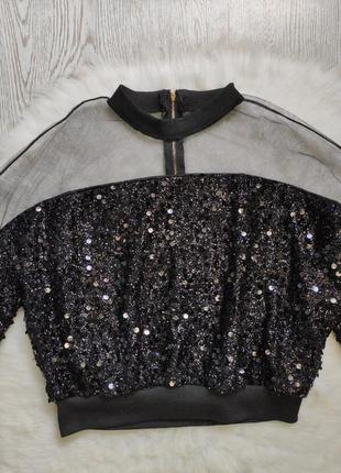 Черная блестящая блуза кофта джемпер с сеткой прозрачными плечами кроп топ реглан9 фото