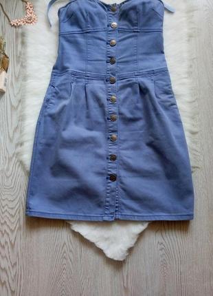 Голубое светлое синее короткое платье бюстье с чашками,карманами джинс сарафан2 фото
