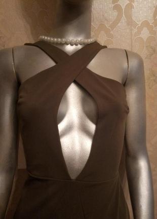 Короткое секси платье хаки мини с открытым декольте карманами в обтяжку стрейч