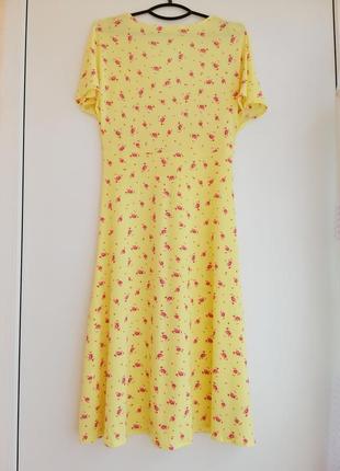 Платье женское жёлтое розовое цветочный принт миди7 фото