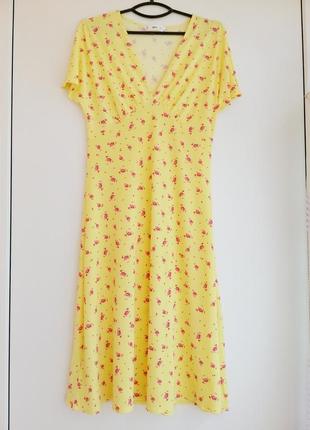 Платье женское жёлтое розовое цветочный принт миди2 фото