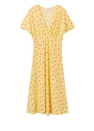Платье женское жёлтое розовое цветочный принт миди4 фото