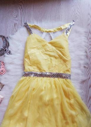 Желтое вечернее платье в пол серебристыми пайетка открытой спиной шифон длинное блестящее2 фото