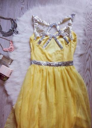 Желтое вечернее платье в пол серебристыми пайетка открытой спиной шифон длинное блестящее3 фото